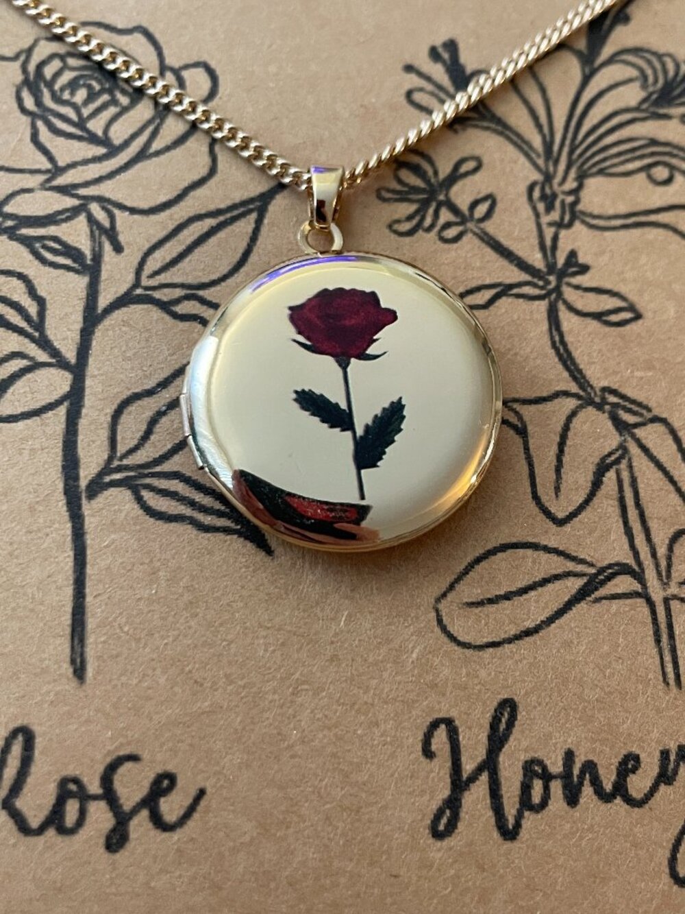 Gold Photo Locket Pendant Necklace Flower by Month 19" Adjustable Chain Gift